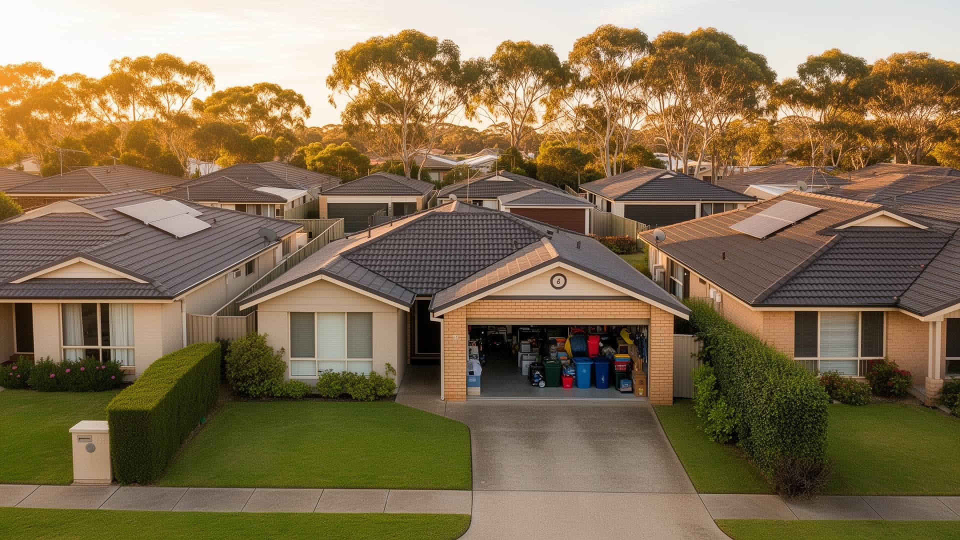 A garage opened to storage in an Australian suburb